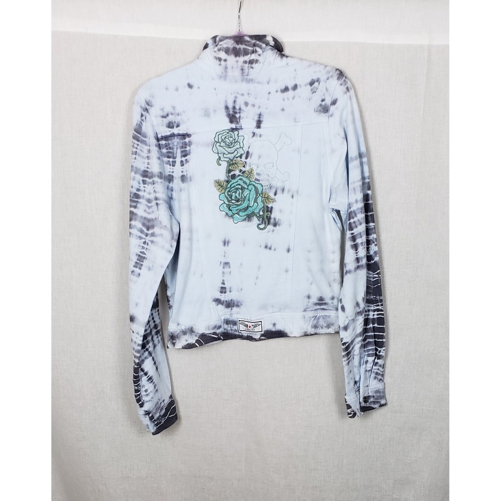 Hard Tail Forever Tie Dye Embroidered Rose Skull Jacket Icy Blue Gray XL USA Y2K